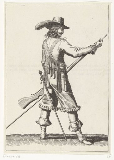 Soldier taking the ramrod from the holder under the barrel of his musket, ca. 1645