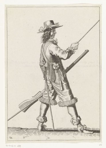 Soldier with a musket sliding his right hand toward the end of the ramrod, ca. 1645