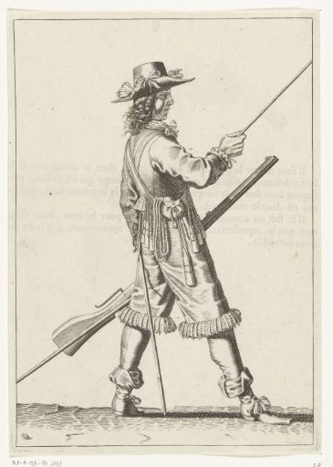 Soldier with a musket sliding his right hand toward the end of the ramrod, ca. 1645