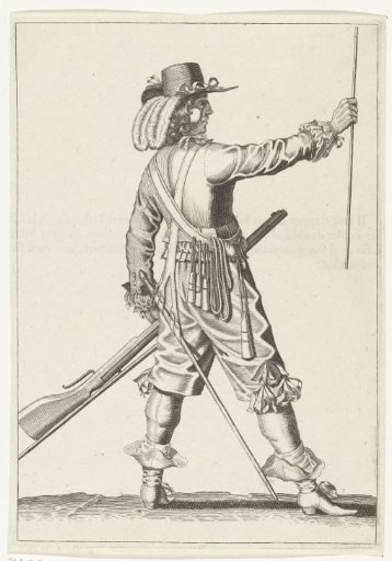 Soldier holding the ramrod of his musket straight in front of him, ca. 1645