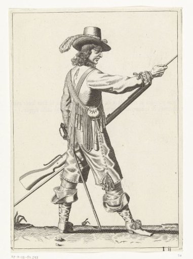 Soldier inserting his ramrod into the holder under the barrel of his musket, ca. 1645
