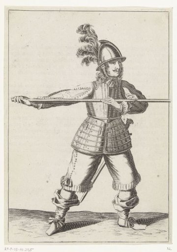 Soldier carrying his pike horizontally at shoulder height with both hands, his right hand at the butt of the weapon, ca. 1645