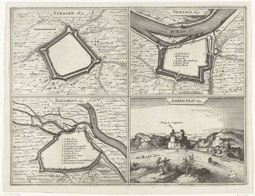 Plans of Straelen, Venlo, and Roermond and a view of the castle of Argenteau, 1632