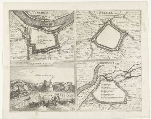 Plans of Straelen, Venlo, and Roermond and a view of the castle of Argenteau, 1632
