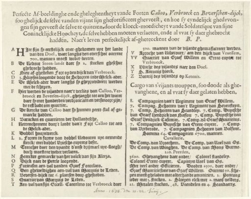 Dutch text sheet accompanying the print of the failed attack on Fort Kallo, 1638
