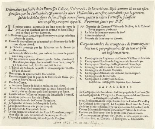 French text sheet accompanying the print of the failed attack on Fort Kallo, 1638