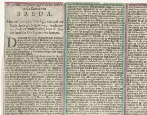 Text page for the map of the siege of Breda (left half), 1637