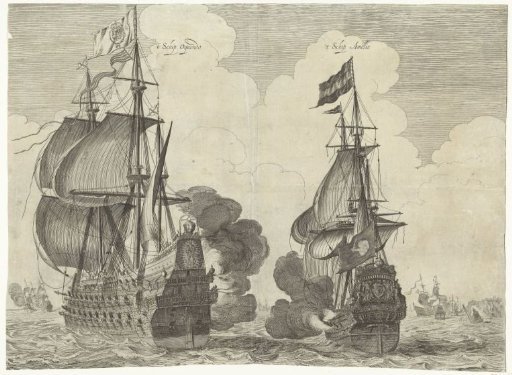 Fight between the admiral's ships Aemelia van Tromp and the Santa Teresa of De Oquendo during the battle at Duins, 1639