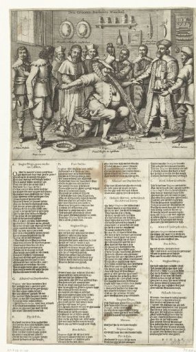 The Great Barber's Shop, satirical print on the Spaniards after the defeat in the naval battle at Duins, ca. 1639