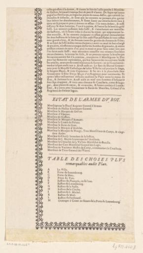 Text sheet accompanying the map of the siege of Thionville, 1643