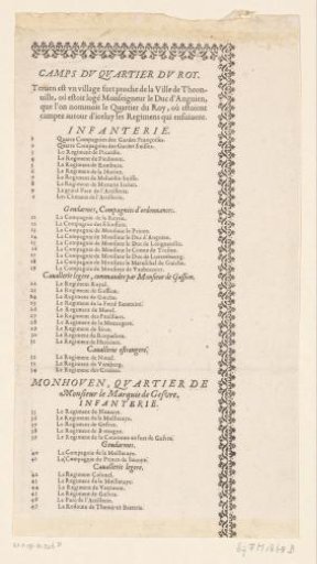 Text sheet accompanying the map of the siege of Thionville, 1643