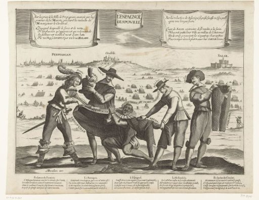Satirical print on the Spaniards after the loss of Breda, Thionville, Perpignan, Portugal and Catalonia, 1643