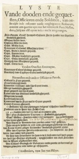 Text sheet with a list of the victims fallen during the capture of Fort Nassau, 1640 (?)