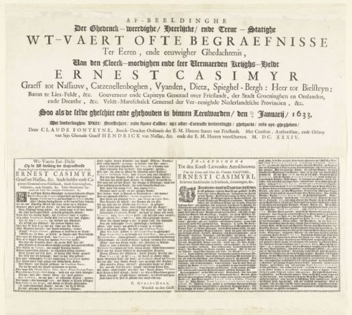 Text plate with title and poem for the print series of the funeral of Ernst Casimir, Count of Nassau-Dietz in Leeuwarden, 1633