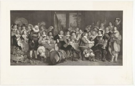 The archers' banquet in the Crossbow or St. George's Hall in Amsterdam to celebrate the signing of the Peace of Münster, 18 June 1648