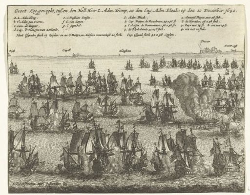 Naval battle at Dungeness between the States' fleet under Tromp and the English fleet under Blake, 1652