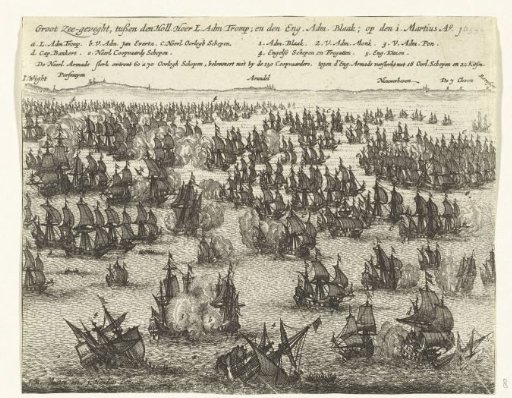 Three Days' Battle off the English south coast between the States' fleet under Tromp and the English fleet under Blake, 1653