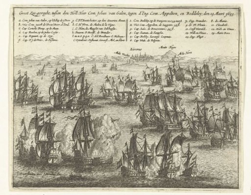 Naval battle at Livorno between the States' fleet under Van Galen and the English fleet under Appleton and Badiley, 1653