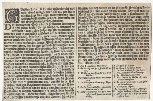 Text page accompanying the print depicting the departure of King Charles II of England from Scheveningen to England, 1660
