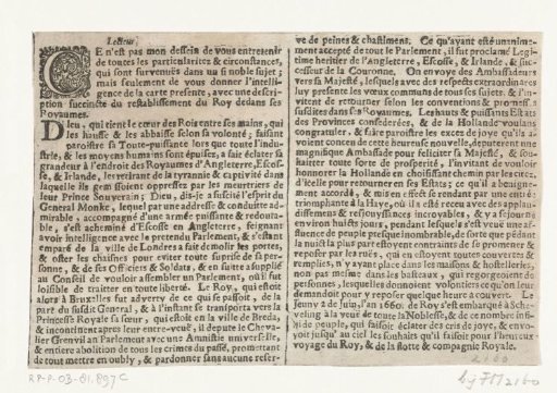 Text page accompanying the print depicting the departure of King Charles II of England from Scheveningen to England, 1660