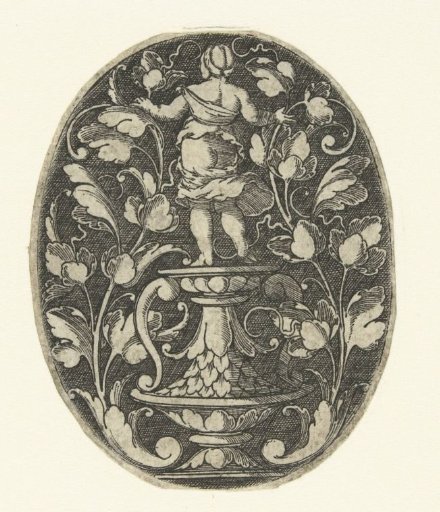 Oval with Leaf Scrolls on Either Side of a Vase