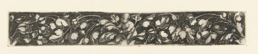 Leaf scrolls, sprouting from leaves in the center and at both sides of the frieze