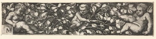 Frieze with three children sitting among leafy scrolls