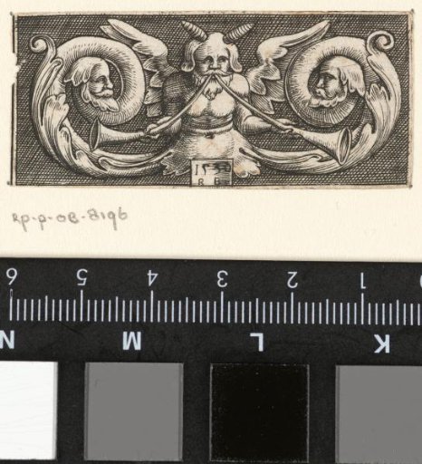 Frieze with the upper body of a winged man blowing two trumpets