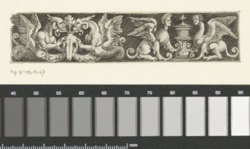 Frieze with grotesques; two winged tritons with masks standing on the left