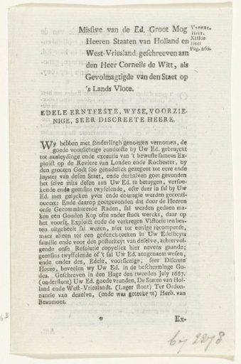 Text Sheets Regarding the Golden Cup Presented to Cornelis de Witt on the Occasion of the Raid on Chatham, 1667