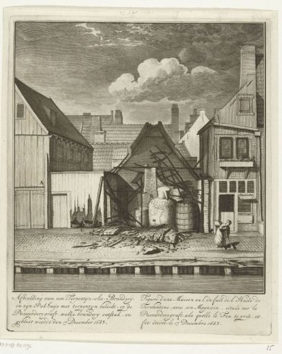 Ruins of a partially burnt turpentine oil distillery on the Passeerdersgracht, 1683