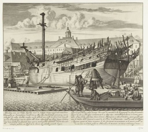 Partially burnt ship on the VOC shipyard at Oostenburg, 1690
