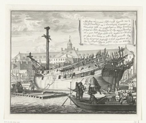 Partially burnt ship on the VOC shipyard at Oostenburg, 1690