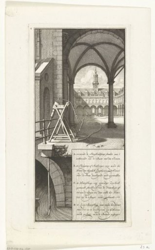 Demonstration of the fire hose engines on the inner courtyard of the Beurs in Amsterdam, ca. 1670-1680