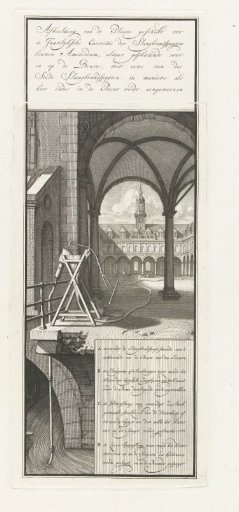 Demonstration of the fire hose engines on the inner courtyard of the Beurs in Amsterdam, ca. 1670-1680