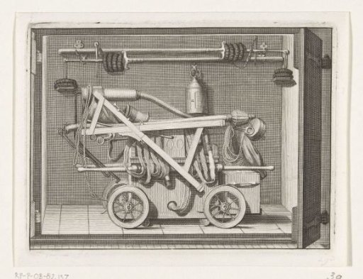 How the hose nozzle and pump should be stored in the fire hose house after use, ca. 1750