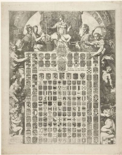 The 64 coats of arms of Prince William III in an allegorical frame, 1672