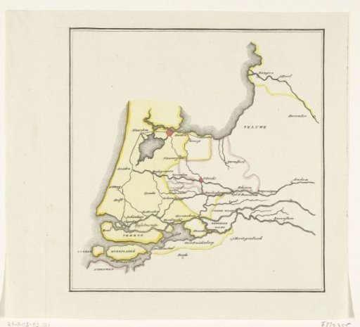 Map of the provinces of Holland, Utrecht and Gelderland showing with colors how far the French had advanced in 1672 and which parts were protected by inundation