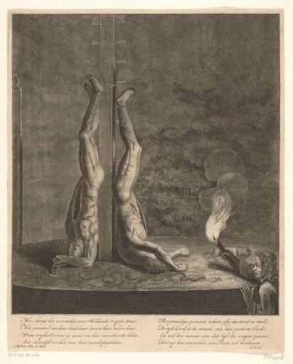 The mutilated bodies of the De Witt brothers hanging on the gibbet, 1672