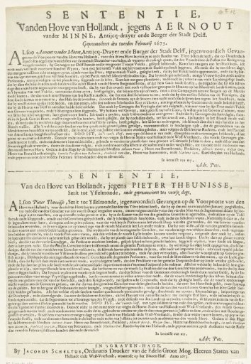 Sheet with Sentences on Aernout van der Minne and Pieter Theunisse, 1673