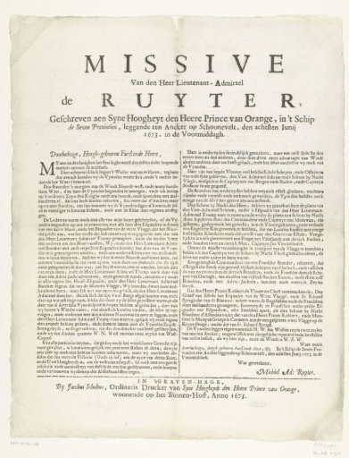 Letter from De Ruyter to Prince William III Regarding the Victory in the Sea Battle at Schoonevelt, June 7, 1673