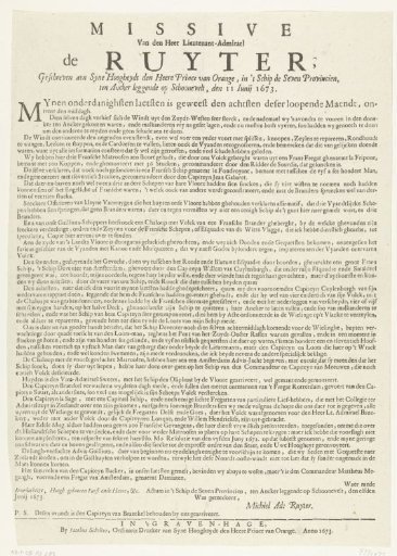 Letter from De Ruyter to Prince William III After the Victory in the Sea Battle at Schoonevelt, June 11, 1673