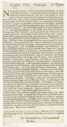 Proclamation by the States-General of a Day of Thanksgiving for the Victories in the Sea Battles of June 1673