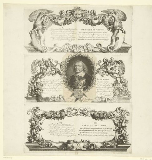 Portrait of Count Johan Maurits with the three inscriptions above the prints of the accident at Franeker, 1665