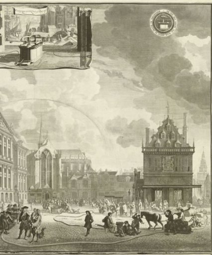 Demonstration of the fire hose nozzles at the Town Hall on the Dam, ca. 1700