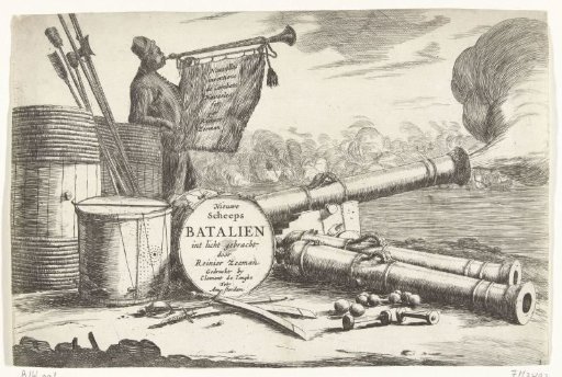 Title print with the equipment of a warship and a trumpeter by a burning cannon, ca. 1652-1654
