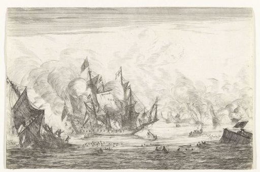 A naval battle with a sinking English ship, ca. 1652-1654