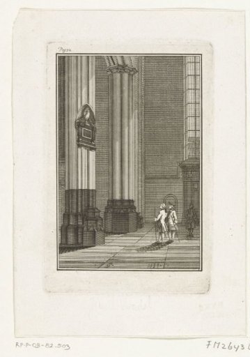 Three men viewing the monument of Joost van den Vondel in the New Church in Amsterdam