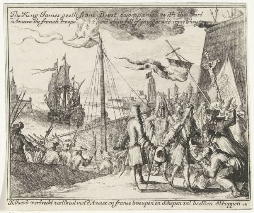 King James II departs with French troops from Brest for Ireland, 1689