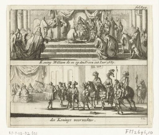 William III on the throne and the ceremony with the royal champion, 1689